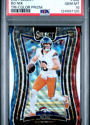 Bo Nix 2024 Panini Select #382 Tri Color Prizm /149 RC PSA10 GEM MT Broncos