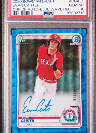 Evan Carter 2020 Bowman Draft #CDAEC Blue Wave Refractor /150 Auto PSA10 GEM MT
