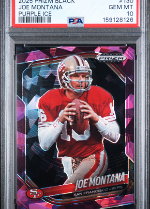 Joe Montana 2025 Panini Prizm Black #130 Purple Ice /149 PSA10 GEM MT 49ers