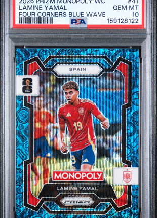 Lamine Yamal 2026 Panini Prizm Monopoly FIFA Four Corners Blue Wave PSA10 GEM MT