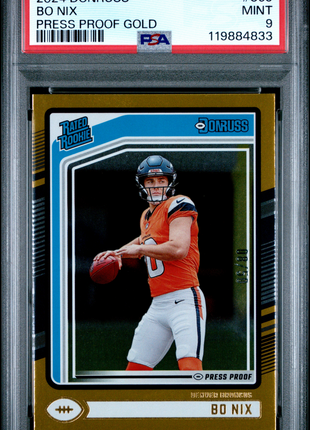 Bo Nix 2024 Panini Donruss #369 Press Proof Gold /50 RC PSA9 MINT Broncos
