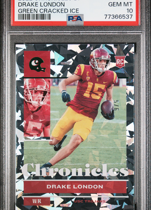 Drake London 2022 Panini Chronicles DP #6 Green Cracked Ice /6 RC PSA10 GEM MT
