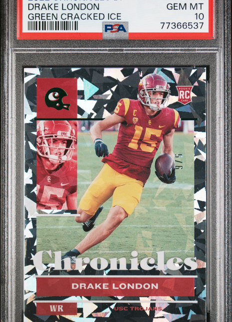 Drake London 2022 Panini Chronicles DP #6 Green Cracked Ice /6 RC PSA10 GEM MT
