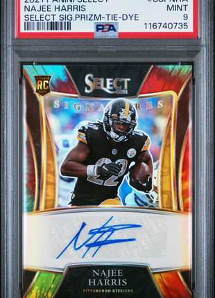 Najee Harris 2021 Panini Select #SSPNHA Signatures Tie-Dye /15 RC Auto PSA9 MINT