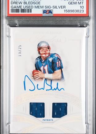 Drew Bledsoe 2025 Panini Flawless Silver /25 Game Used Patch Auto PSA10 GEM MT