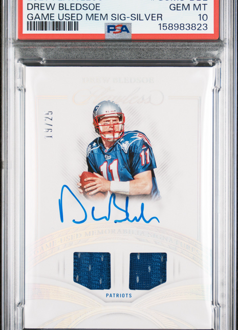 Drew Bledsoe 2025 Panini Flawless Silver /25 Game Used Patch Auto PSA10 GEM MT