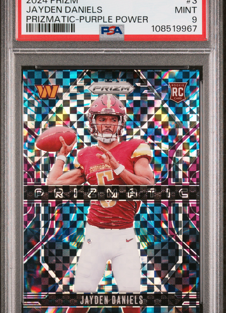 Jayden Daniels 2024 Panini Prizm #3 Prizmatic Purple Power /49 RC PSA9 MINT