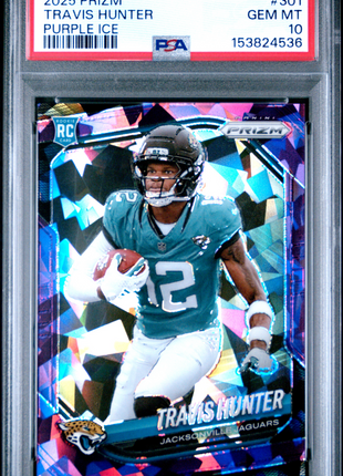 Travis Hunter 2025 Panini Prizm #301 Purple Ice /225 PSA10 GEM MT Jaguars