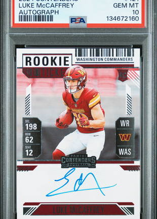 Luke McCaffrey 2024 Panini Contenders #121 Rookie Ticket RC Auto PSA10 GEM MT