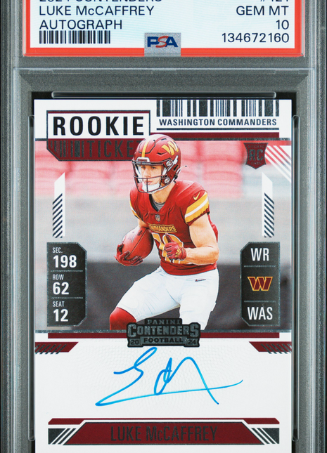 Luke McCaffrey 2024 Panini Contenders #121 Rookie Ticket RC Auto PSA10 GEM MT