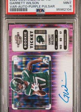Garrett Wilson 2022 Contenders Optic #117 Purple Pulsar /21 RC Auto PSA9 MINT