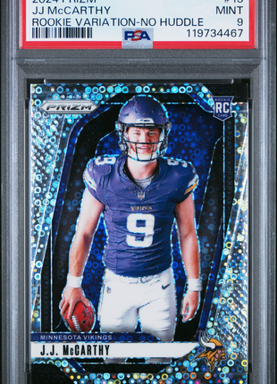 JJ McCarthy 2024 Panini Prizm #13 Rookie Variation No Huddle RC PSA9 MINT