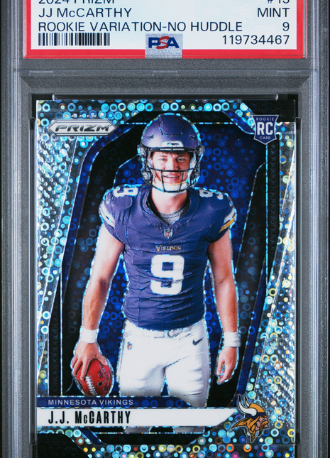 JJ McCarthy 2024 Panini Prizm #13 Rookie Variation No Huddle RC PSA9 MINT
