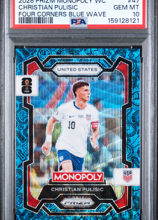 Christian Pulisic 2026 Panini Prizm Monopoly Four Corners Blue Wave PSA10 GEM MT