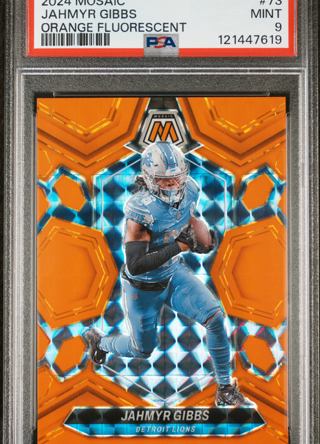 Jahmyr Gibbs 2024 Panini Mosaic #73 Orange Fluorescent /25 PSA9 MINT Lions