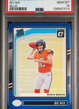 Bo Nix 2024 Panini Donruss Optic #209 Blue /199 RC PSA10 GEM MT Broncos
