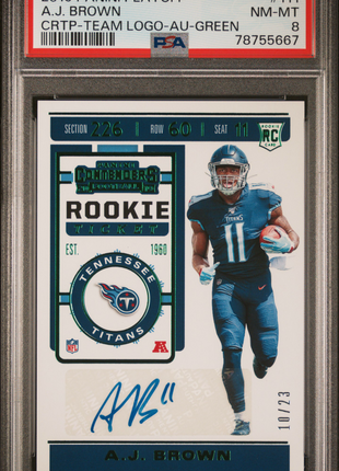A. J. Brown 2019 Panini Contenders Rookie Ticket Green /23 RC Auto PSA8 NM-MT