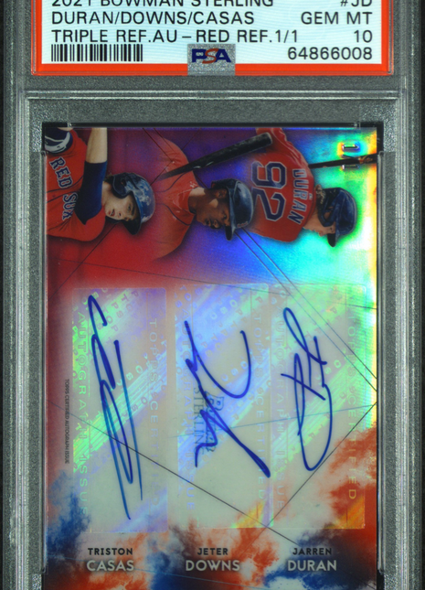 Jarren Duran/Casas/Downs 2021 Bowman Sterling Triple Auto Red 1/1 PSA10 GEM MT
