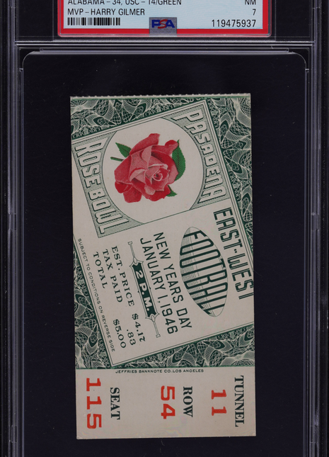 1946 Rose Bowl Ticket Stub Graded Alabama vs. USC MVP Harry Gilmer PSA7 N-MT