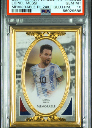 Lionel Messi 2021 Futera Unique Memorable Relics 24kt Gold /14 PSA10 GEM MT