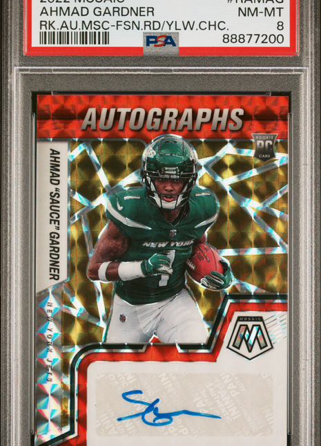 Ahmad "Sauce" Gardner 2022 Panini Mosaic Red/Yellow Choice RC Auto PSA8 NM-MT