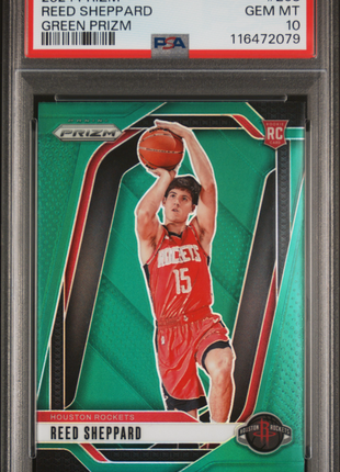 Reed Sheppard 2024-25 Panini Prizm #268 Green Prizm RC PSA10 GEM MT Rockets