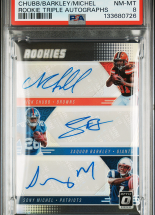 Saquon Barkley/Nick Chubb 2018 Donruss Optic Rookie Triple /15 Auto PSA8 NM-MT