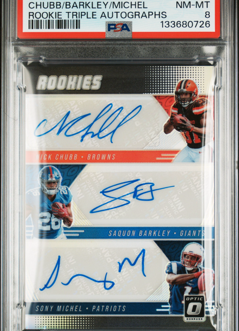 Saquon Barkley/Nick Chubb 2018 Donruss Optic Rookie Triple /15 Auto PSA8 NM-MT