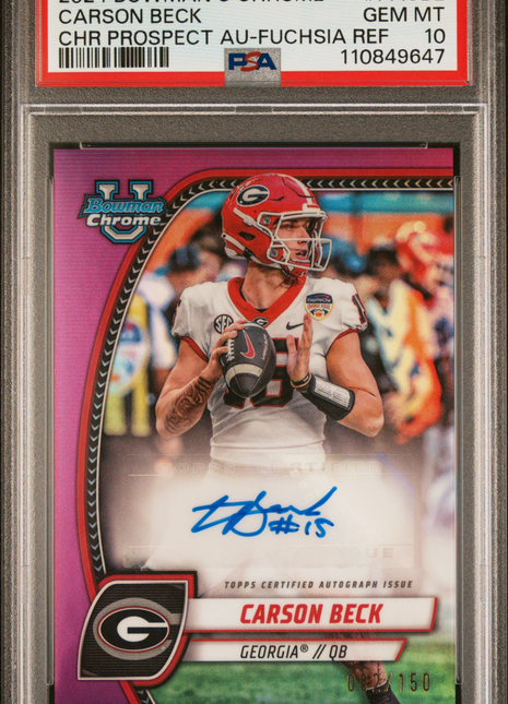 Carson Beck 2024 Bowman U Chrome #PACBE Fuchsia Refractor /150 Auto PSA10 GEM MT