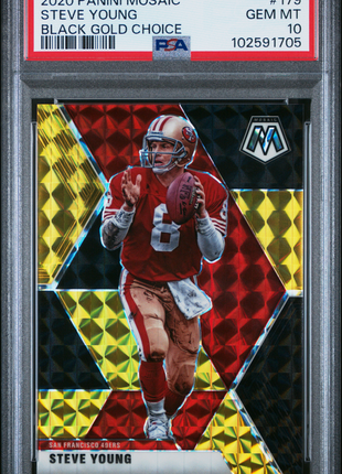 Steve Young 2020 Panini Mosaic #179 Black Gold Choice /8 PSA10 GEM MT 49ers