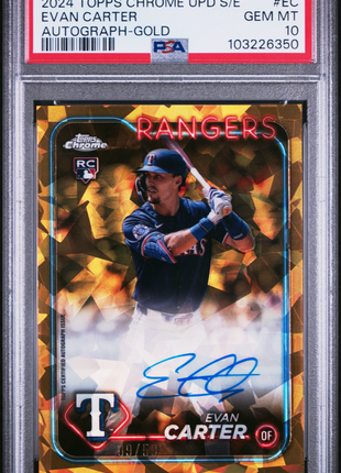 Evan Carter 2024 Topps Sapphire Update Gold Refractor /50 RC Auto PSA10 GEM MT