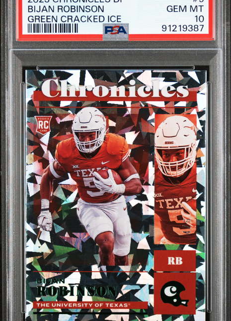 Bijan Robinson 2023 Panini Chronicles DP #9 Green Cracked /6 Ice RC PSA10 GEM MT