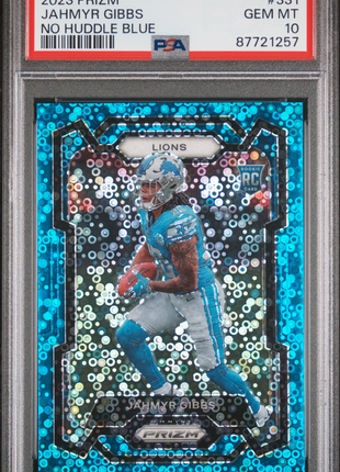 Jahmyr Gibbs 2023 Panini Prizm #331 No Huddle Blue /95 RC PSA10 GEM MT Lions