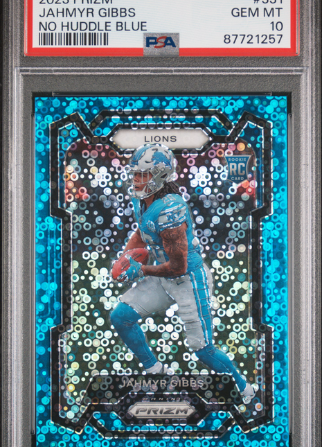 Jahmyr Gibbs 2023 Panini Prizm #331 No Huddle Blue /95 RC PSA10 GEM MT Lions