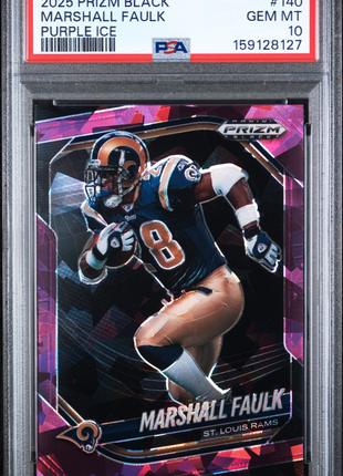 Marshall Faulk 2025 Panini Prizm Black #140 Purple Ice /149 PSA10 GEM MT Rams