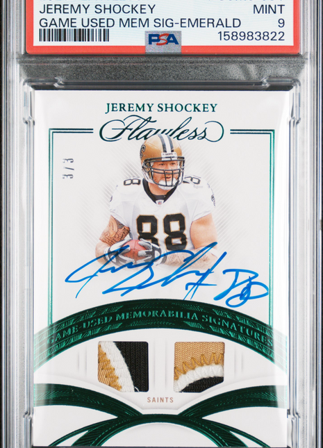 Jeremy Shockey 2025 Panini Flawless Emerald /3 Game-Used Patch Auto PSA9 MINT