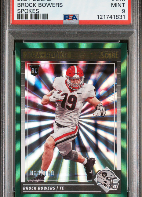 Brock Bowers 2024 Panini Score #310 Spokes /180 RC PSA9 MINT Raiders