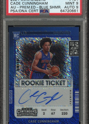 Cade Cunningham 2021-22 Panini Contenders #101 Blue Shimmer /20 Auto PSA9 MINT