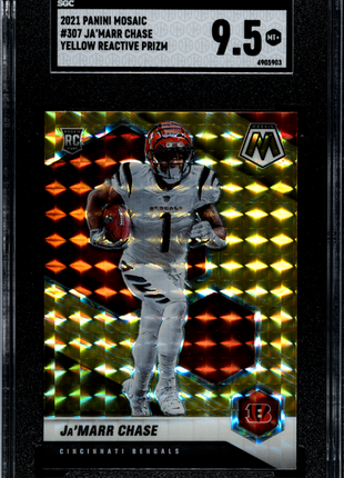 Ja'marr Chase 2021 Panini Mosaic #307 Yellow Reactive Prizm RC SGC9.5 MINT+