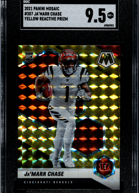 Ja'marr Chase 2021 Panini Mosaic #307 Yellow Reactive Prizm RC SGC9.5 MINT+