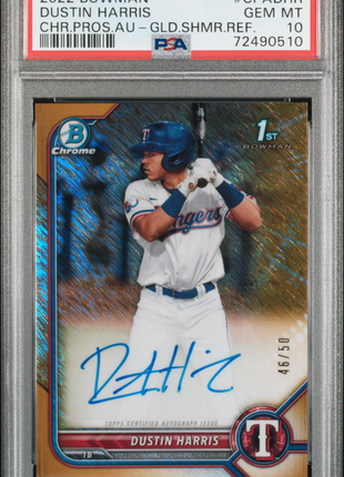 Dustin Harris 2022 Bowman Chrome Gold Shimmer Refractor /50 Auto PSA10 GEM MT