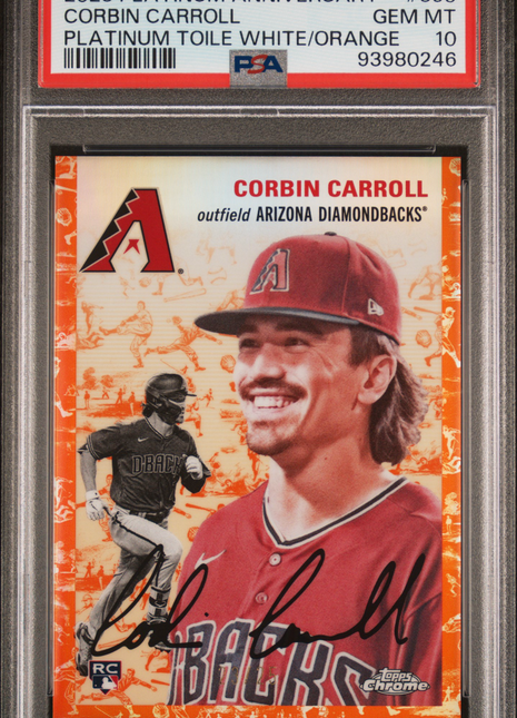 Corbin Carroll 2023 Topps Anniversary Toile White Orange /25 RC PSA10 GEM MT