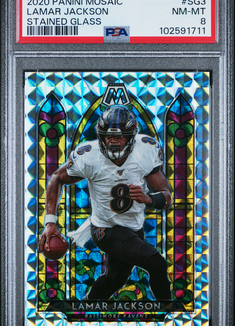Lamar Jackson 2020 Panini Mosaic #SG3 Stained Glass Case Hit SSP PSA8 NM-MT