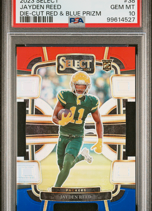 Jayden Reed 2023 Panini Select #38 Die-Cut Red & Blue Prizm RC PSA10 GEM MT