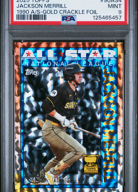 Jackson Merrill 2025 Topps #90AS4 Topps All-Star Gold Crackle Foil /50 PSA9 MINT