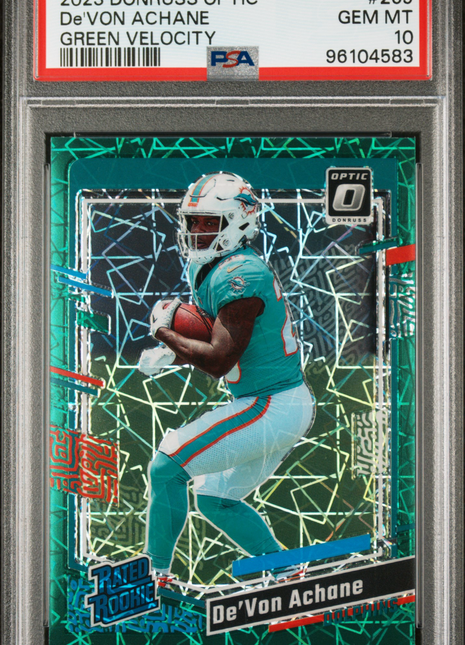 De'von Achane 2023 Panini Donruss Optic #269 Green Velocity RC PSA10 GEM MT