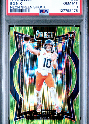 Bo Nix 2024 Panini Select #30 Neon Green Shock /599 RC PSA10 GEM MT